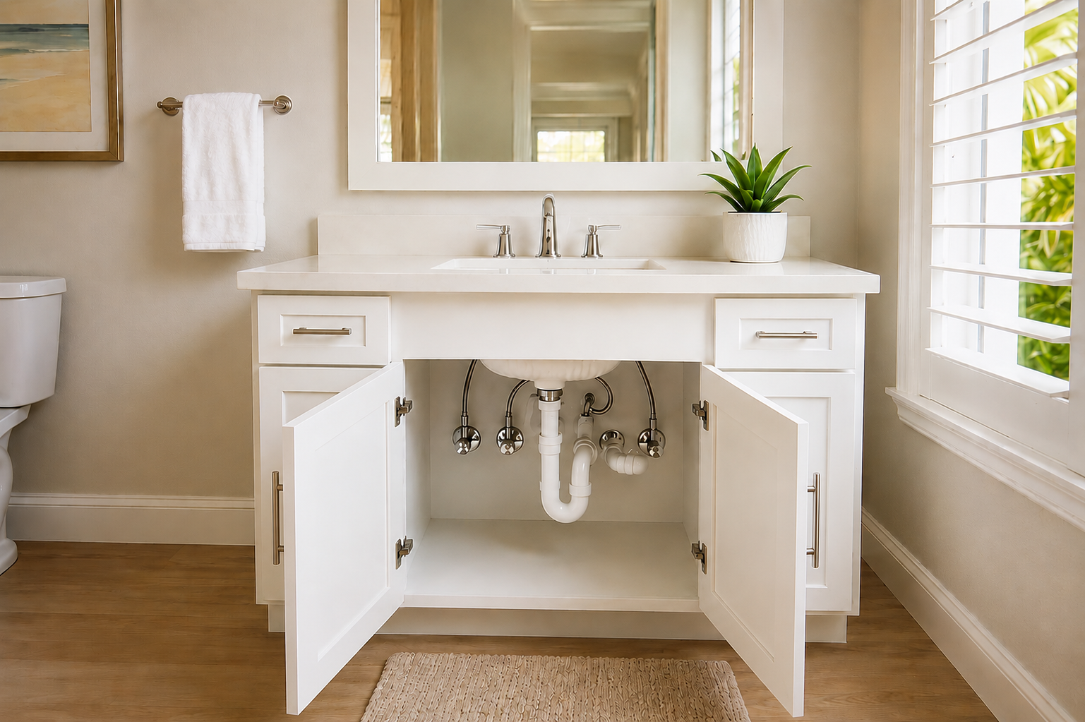 Open bathroom vanity cabinet showing clean white PVC plumbing under a modern sink