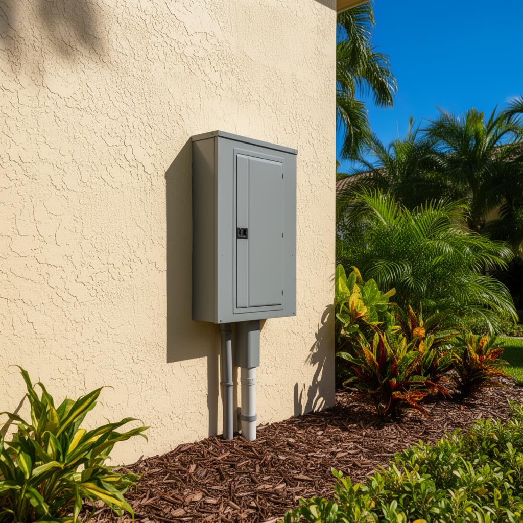 Neat gray electrical panel mounted on a Florida home exterior