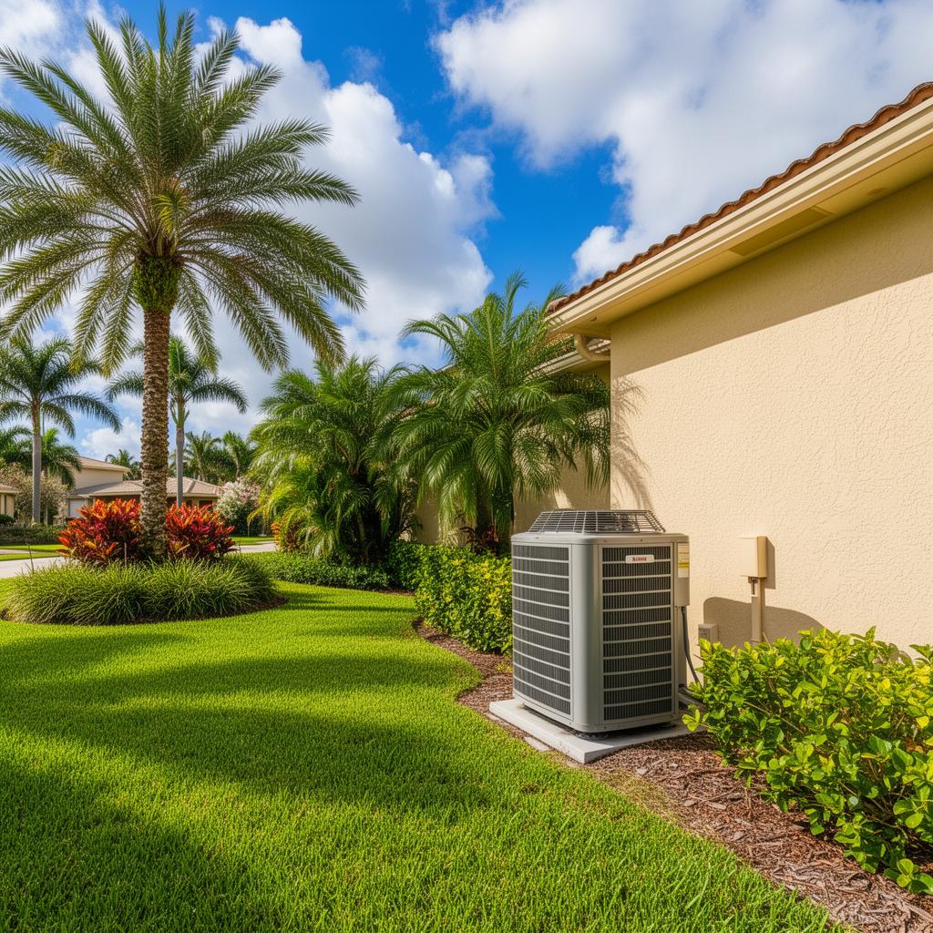 Outdoor HVAC condenser beside a Southwest Florida home with palms and blue sky