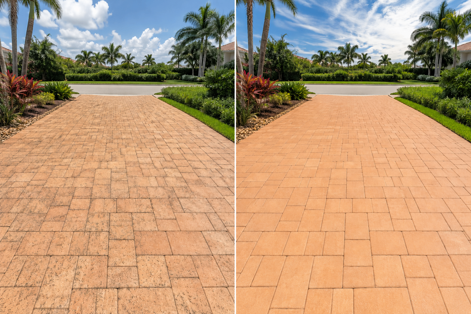 Side-by-side before and after of a Southwest Florida home driveway pressure washed clean