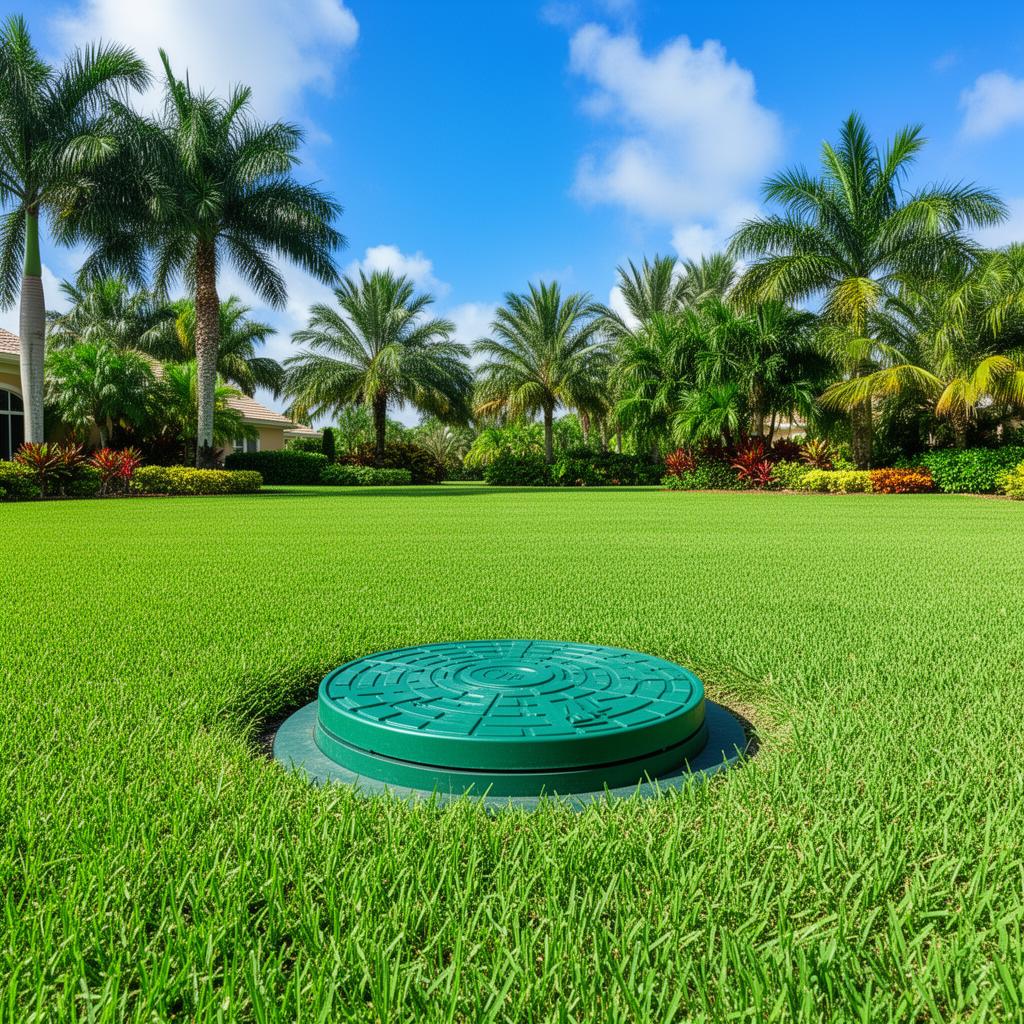 Green septic tank access lid set in a lush Florida lawn with palms